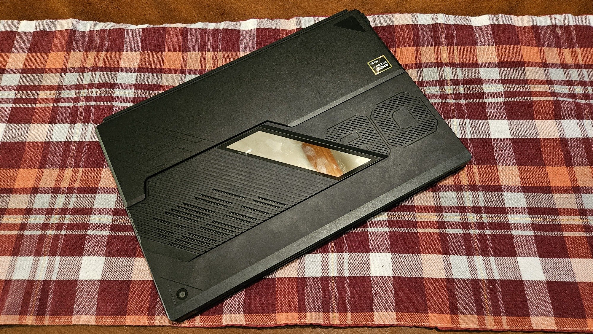 A top-down view of the Asus Rog Flow Z13 gametablet folded on a table